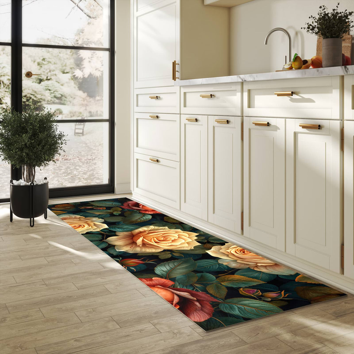 Küchenteppich mit Motiv Rosenmuster Blumen für Ordnung in heller Küche