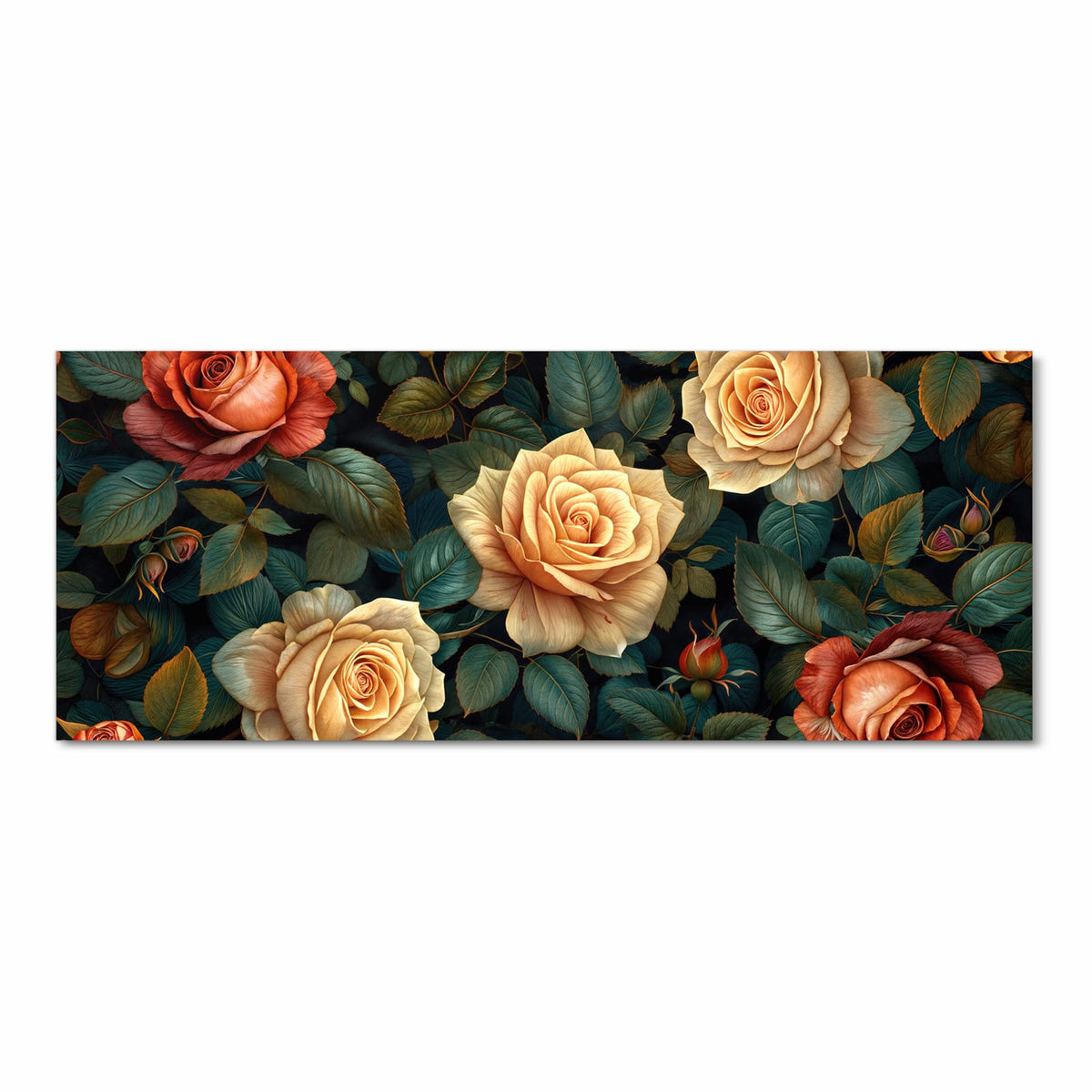 cremefarben-apricot Rosen zwischen dunkelgrün-blauen Blättern