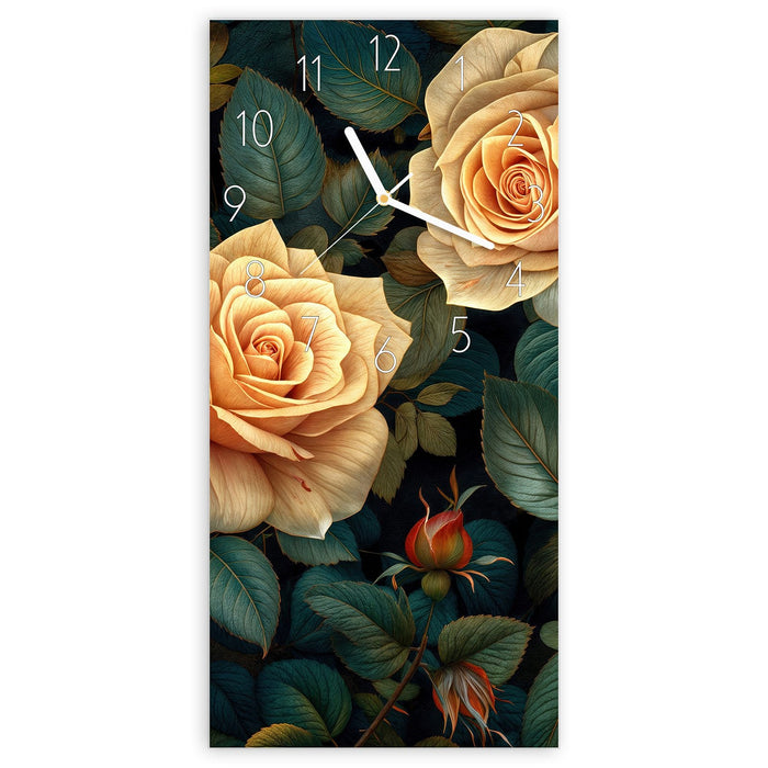 Wanduhr Rosenmuster Blumen aus Glas – Hochformat 30 × 60 cm mit Ziffernblatt Elegant