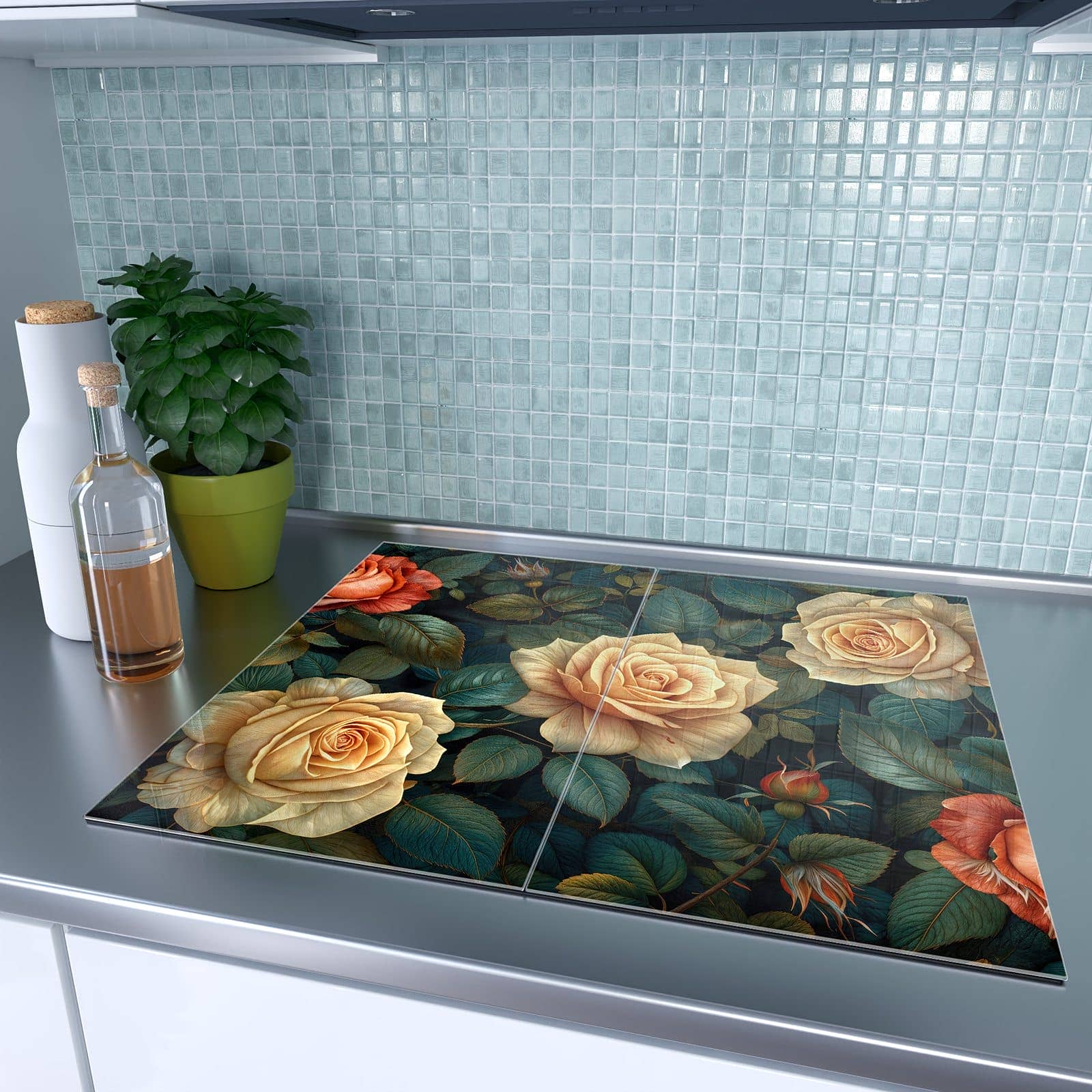 2-teilige Herdabdeckplatte mit Rosenmuster Blumen-Motiv auf dem Ceranfeld
