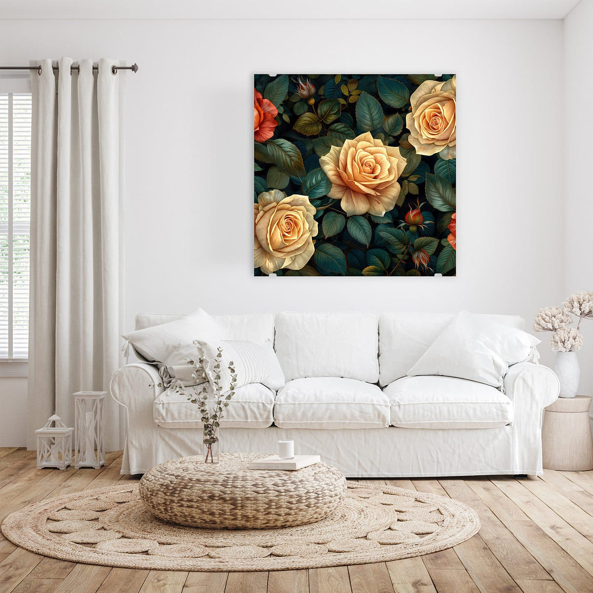 Glasbild Rosen in Apricot an der Wand – cremefarben-apricot Rosen zwischen dunkelgrün-blauen Blättern