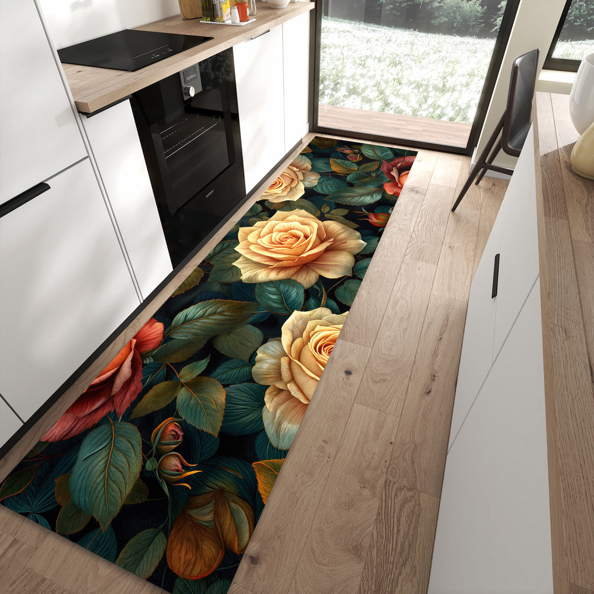 Abriebfester rutschfester Läufer mit Motiv Rosenmuster Blumen in moderner Küche