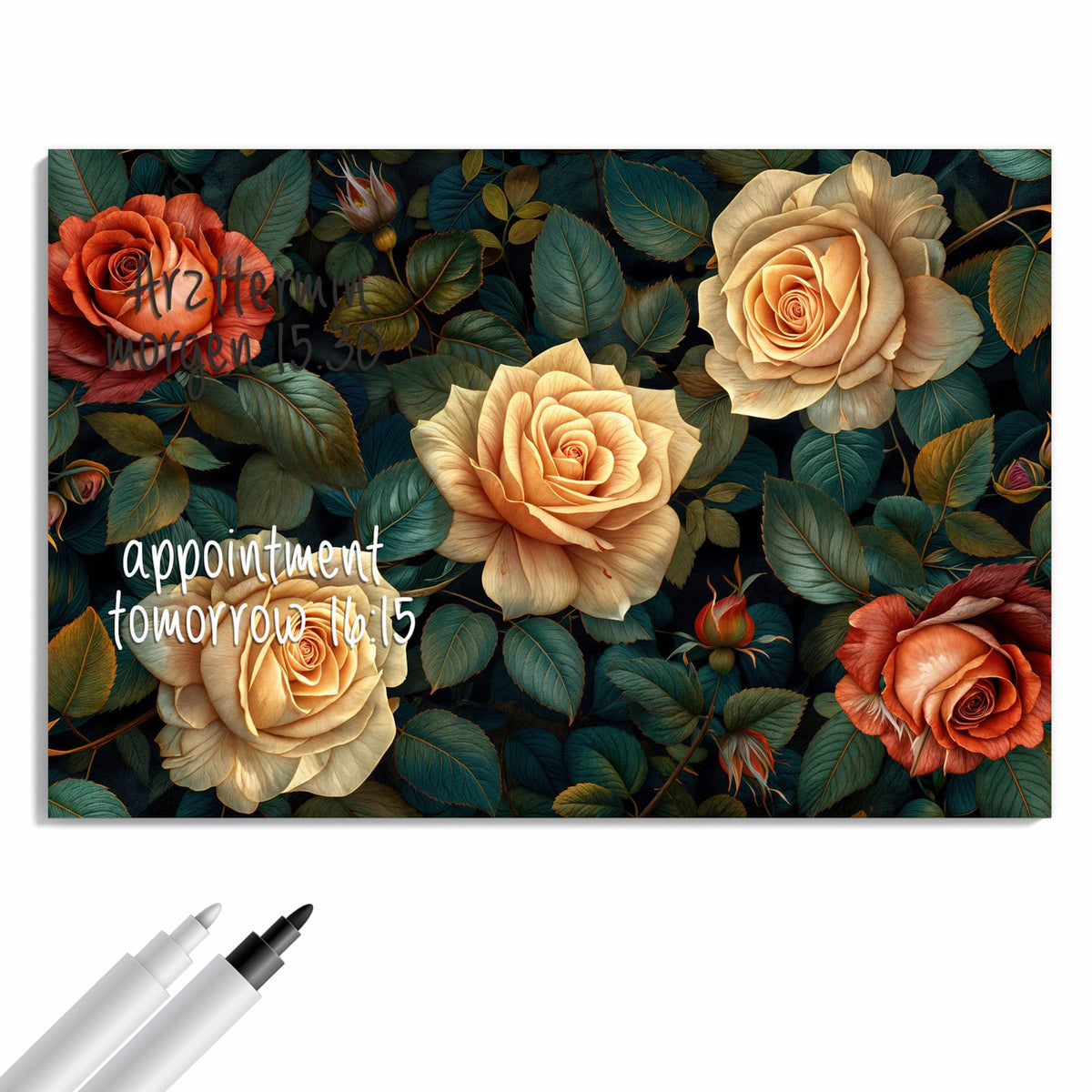 Beschreiben, abwischen, anheften – Metall Magnettafel - Rosen in Apricot