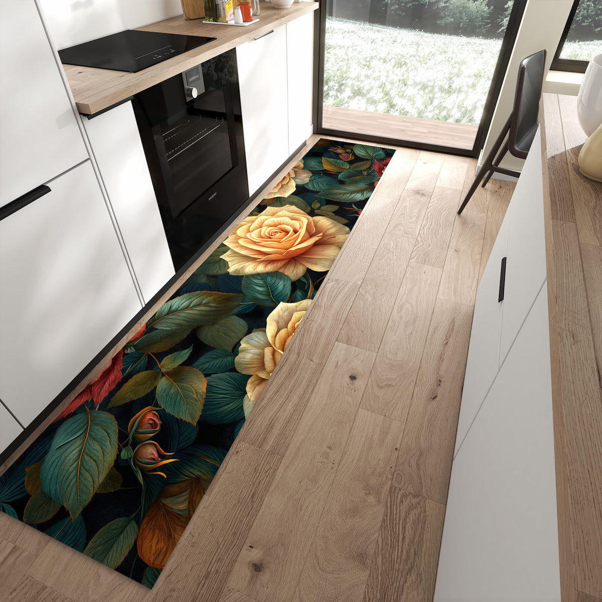 Farbbeständiger Teppichläufer mit Motiv Rosenmuster Blumen in moderner Küche