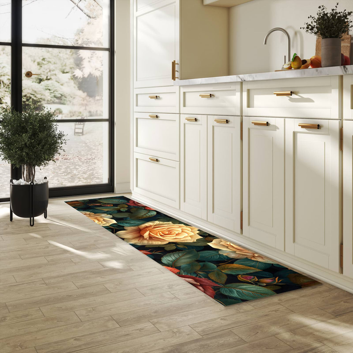 Abwaschbarer Küchenteppich mit Motiv Rosenmuster Blumen in heller Küche