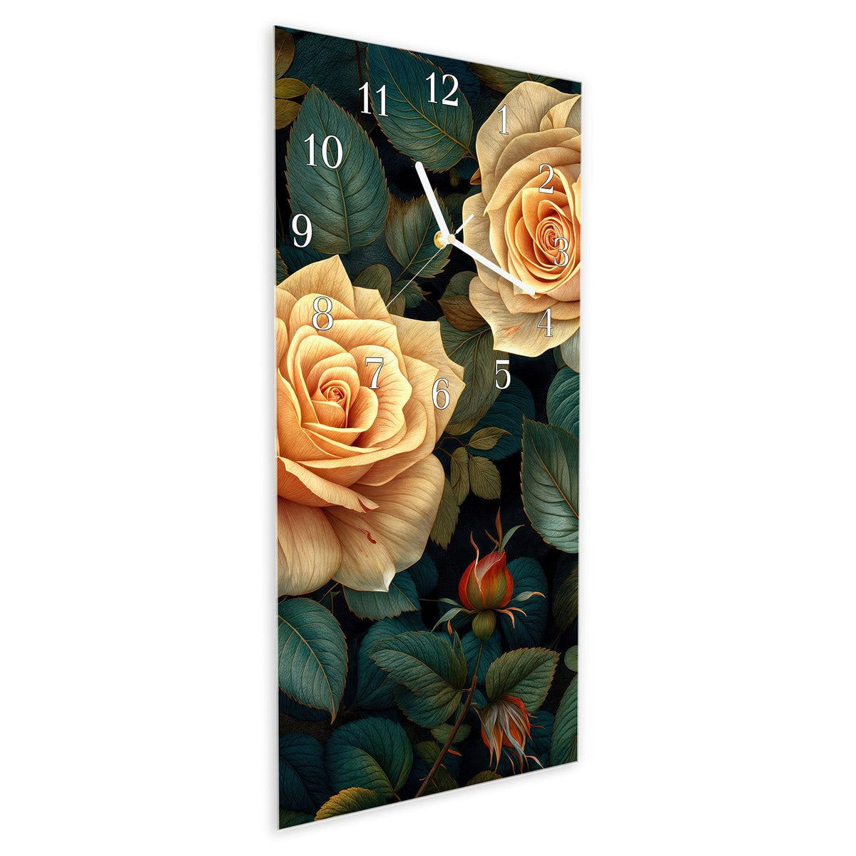 Vormontiert – mit Schwebeeffekt – Wanduhr Rosenmuster Blumen aus Glas – Hochformat 30 × 60 cm