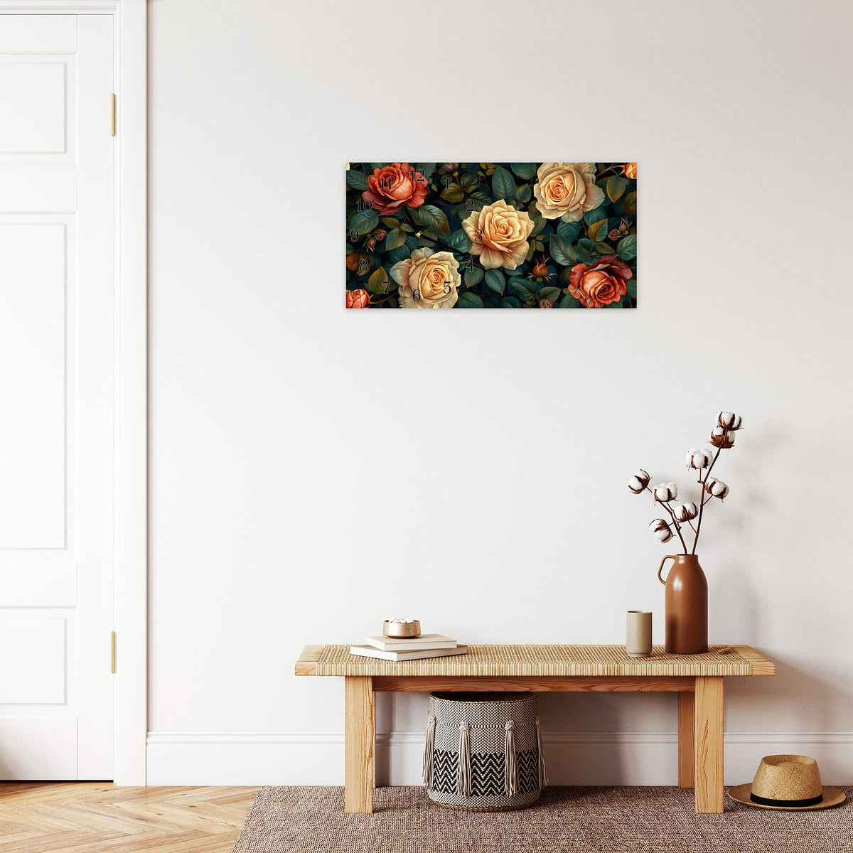 Moderne Wanduhr aus Glas mit Farbtiefe – Wanduhr Rosenmuster Blumen aus Glas – Querformat 60 × 30 cm