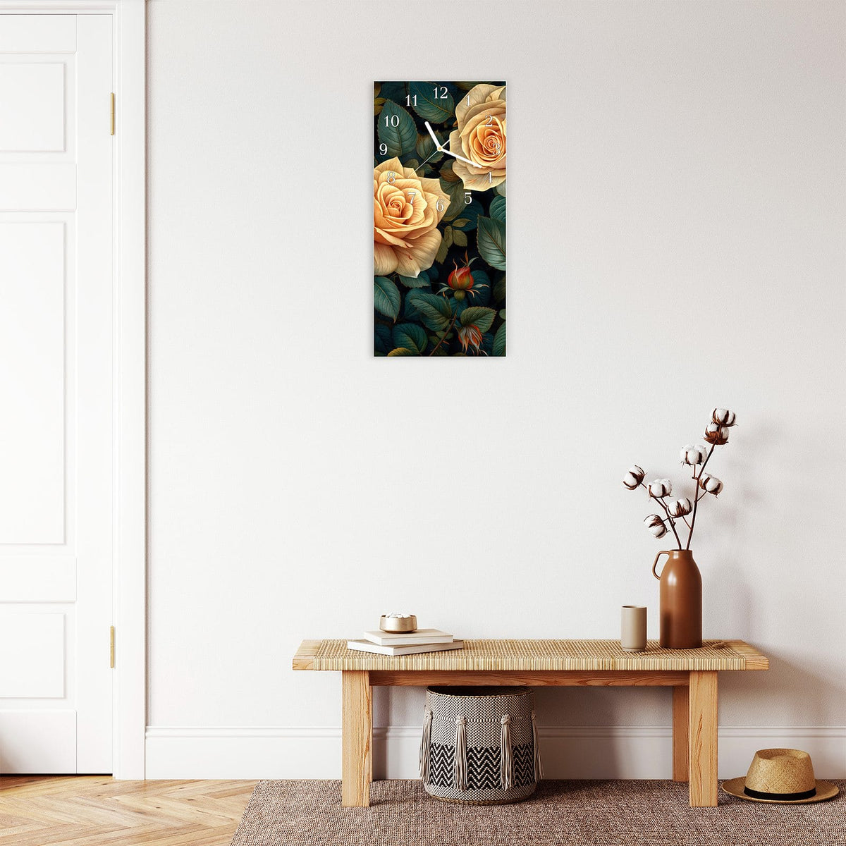 Moderne Wanduhr aus Glas mit Farbtiefe – Wanduhr Rosenmuster Blumen aus Glas – Hochformat 30 × 60 cm
