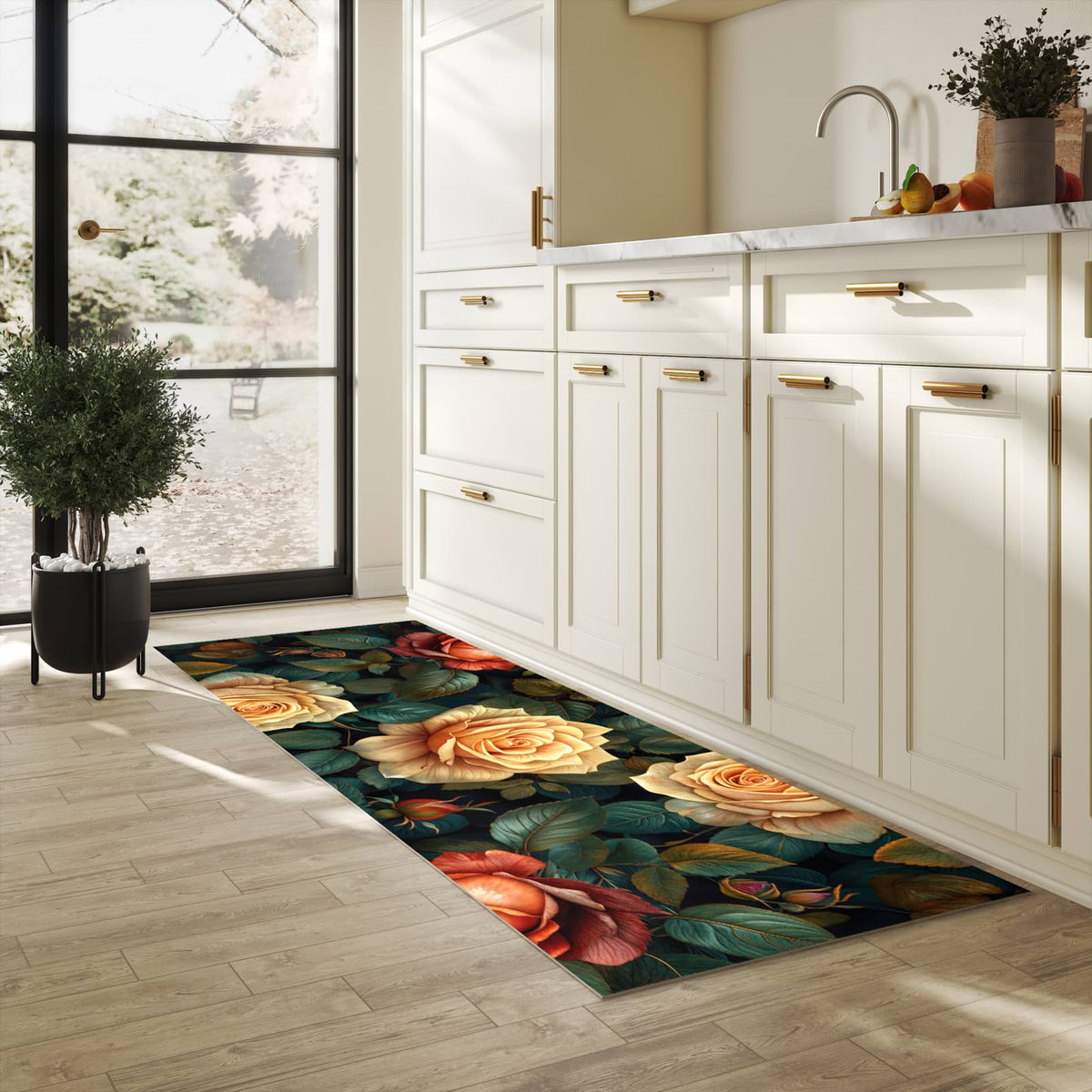 Bodenschonender Küchenteppich mit Motiv Rosenmuster Blumen in heller Küche