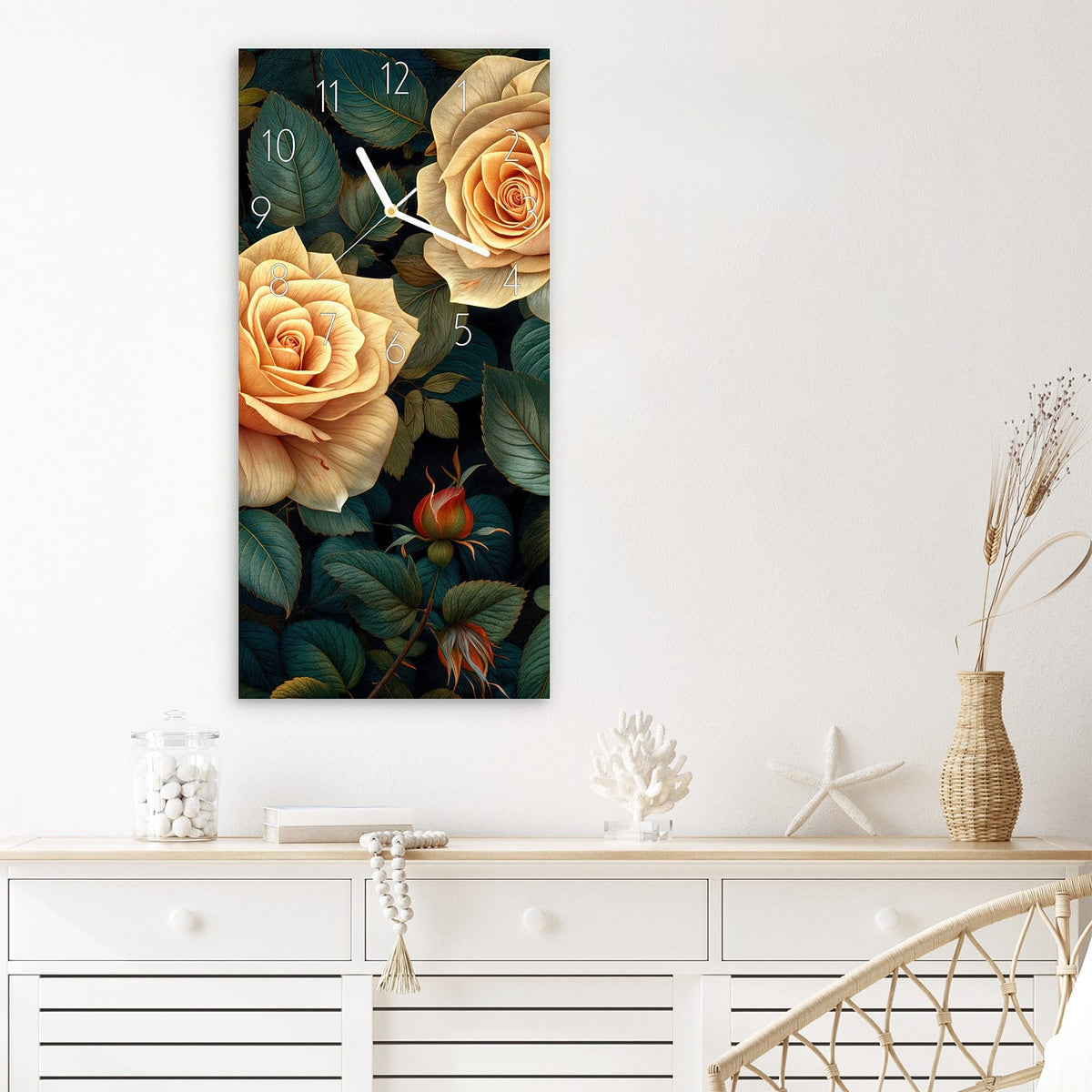 Wanduhr Rosenmuster Blumen aus Glas – Üppige Rosen in Beige und Orange
