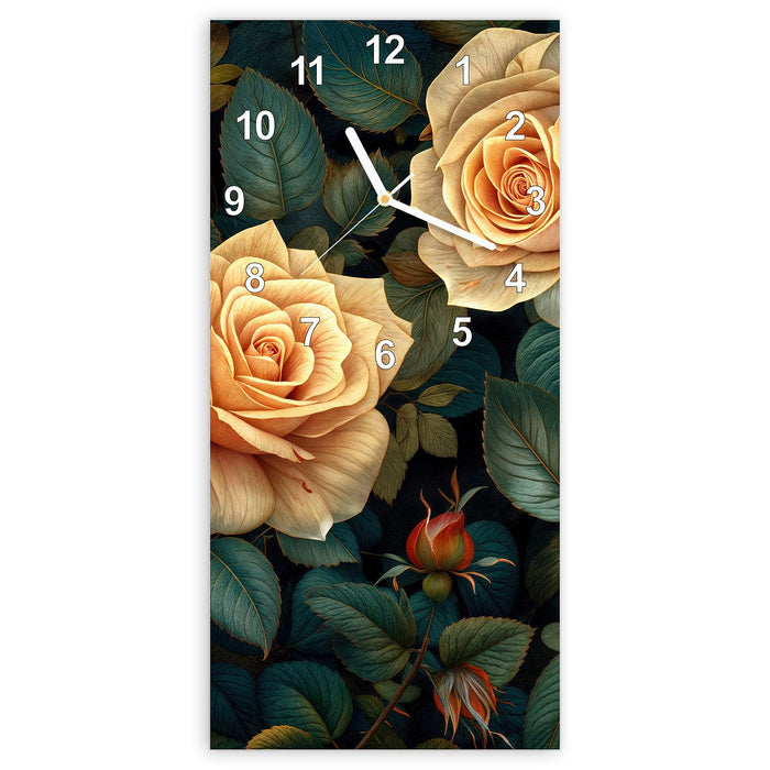 Wanduhr Rosenmuster Blumen aus Glas – Hochformat 30 × 60 cm mit Ziffernblatt Modern