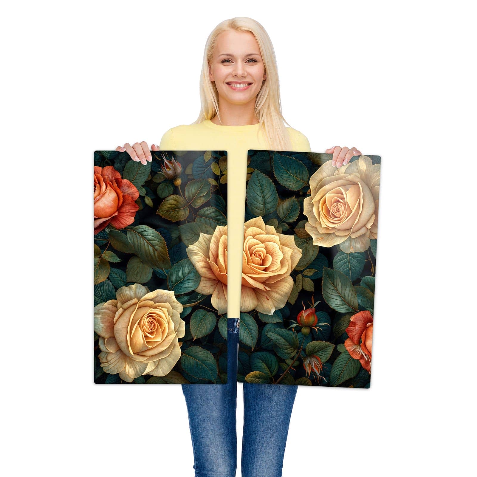 2-teilige Herdabdeckung mit Rosenmuster Blumen-Motiv wird zur Größendarstellung gehalten
