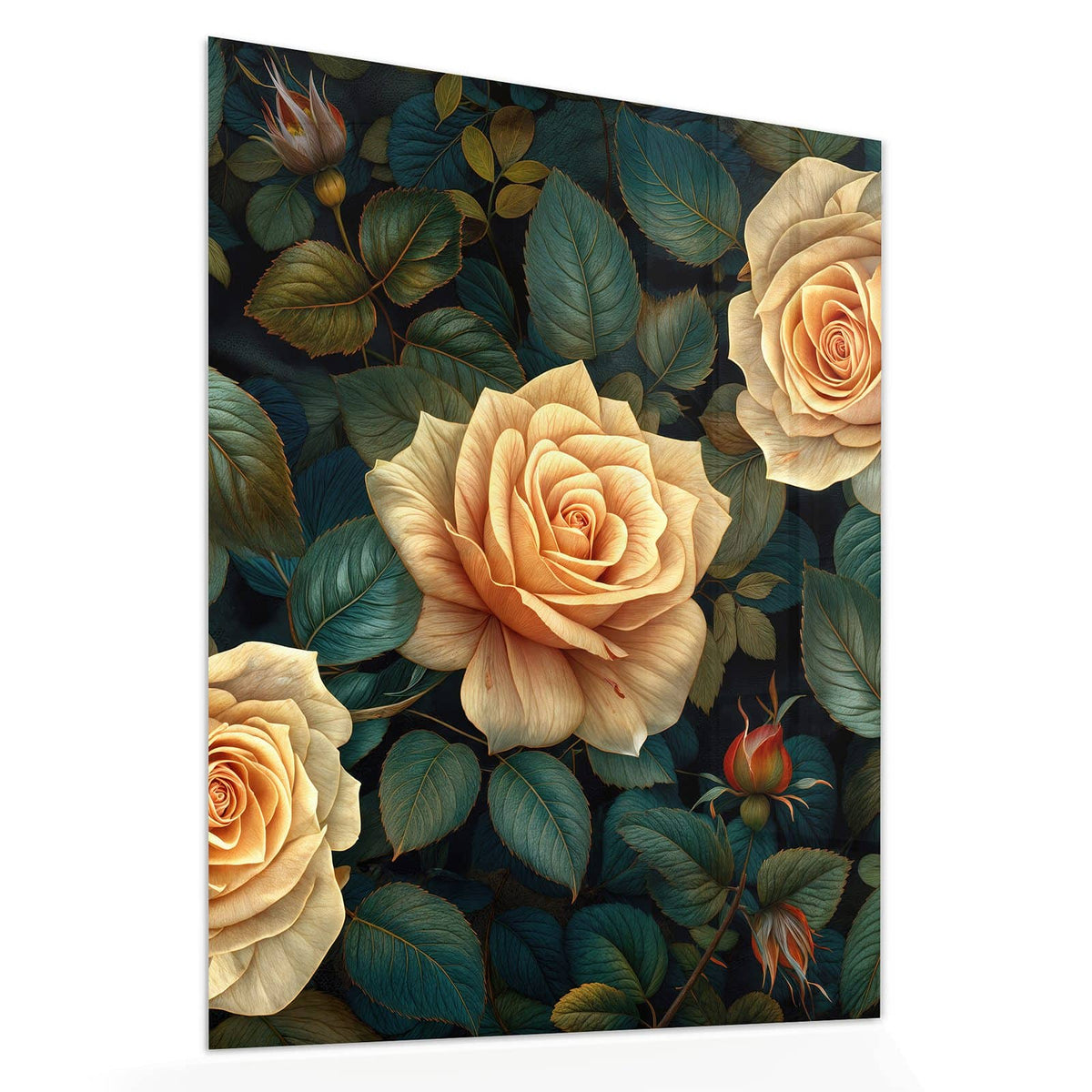 Echtglas, 4 mm – kein Acryl, keine Folie – Wandbild - Rosen in Apricot - Hochformat