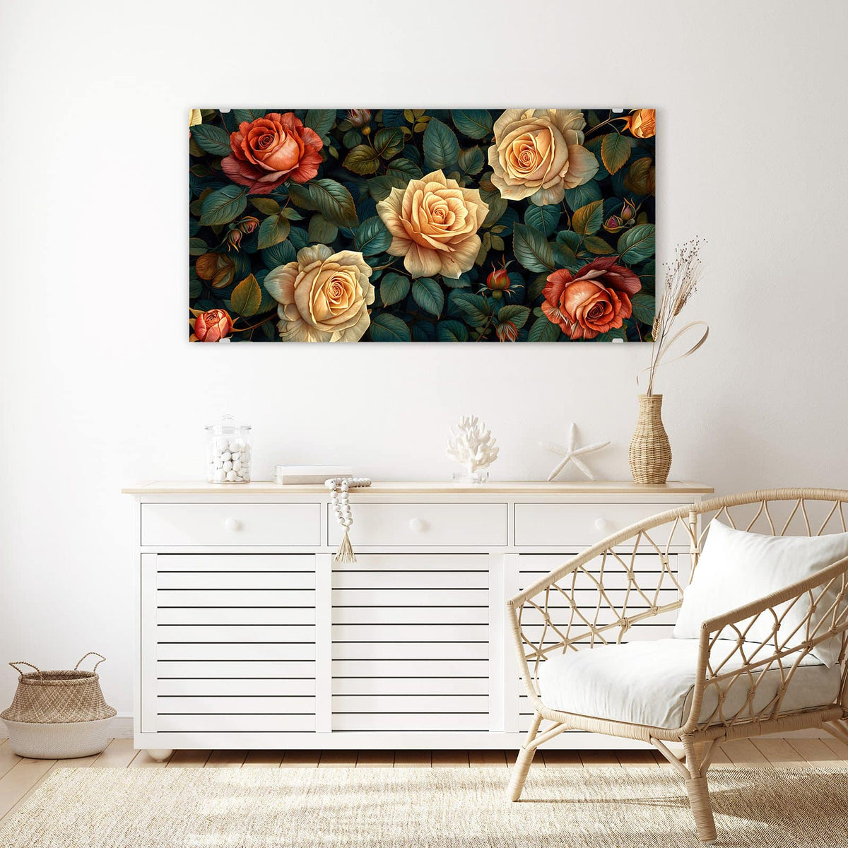 Echtglas, 4 mm – kein Acryl, keine Folie – Wandbild - Rosen in Apricot - Querformat
