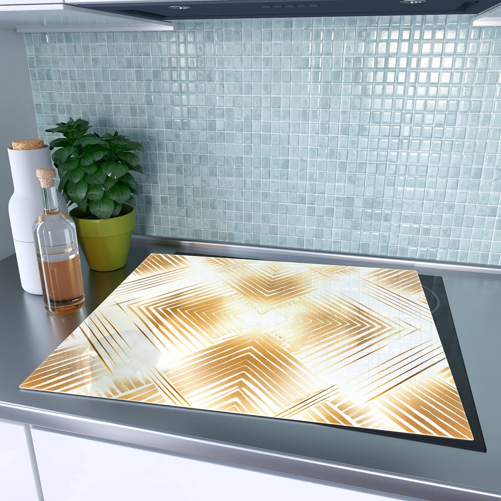 1-teilige Herdabdeckplatte aus Glas mit Goldenes Dreiecksmuster-Motiv auf dem Ceranfeld
