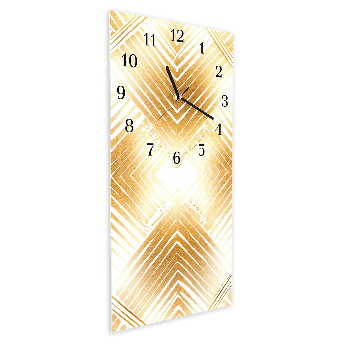 Vormontiert – mit Schwebeeffekt – Wanduhr Goldenes Dreiecksmuster aus Glas – Hochformat 30 × 60 cm