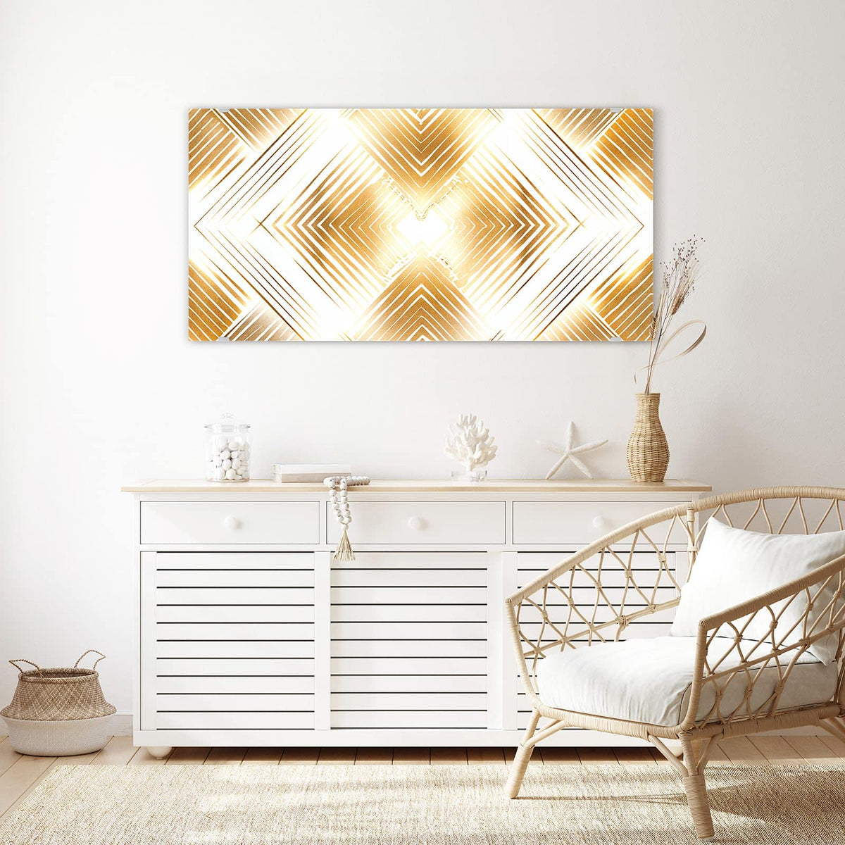 Echtglas, 4 mm – kein Acryl, keine Folie – Wandbild - Goldenes Rautenmuster - Querformat