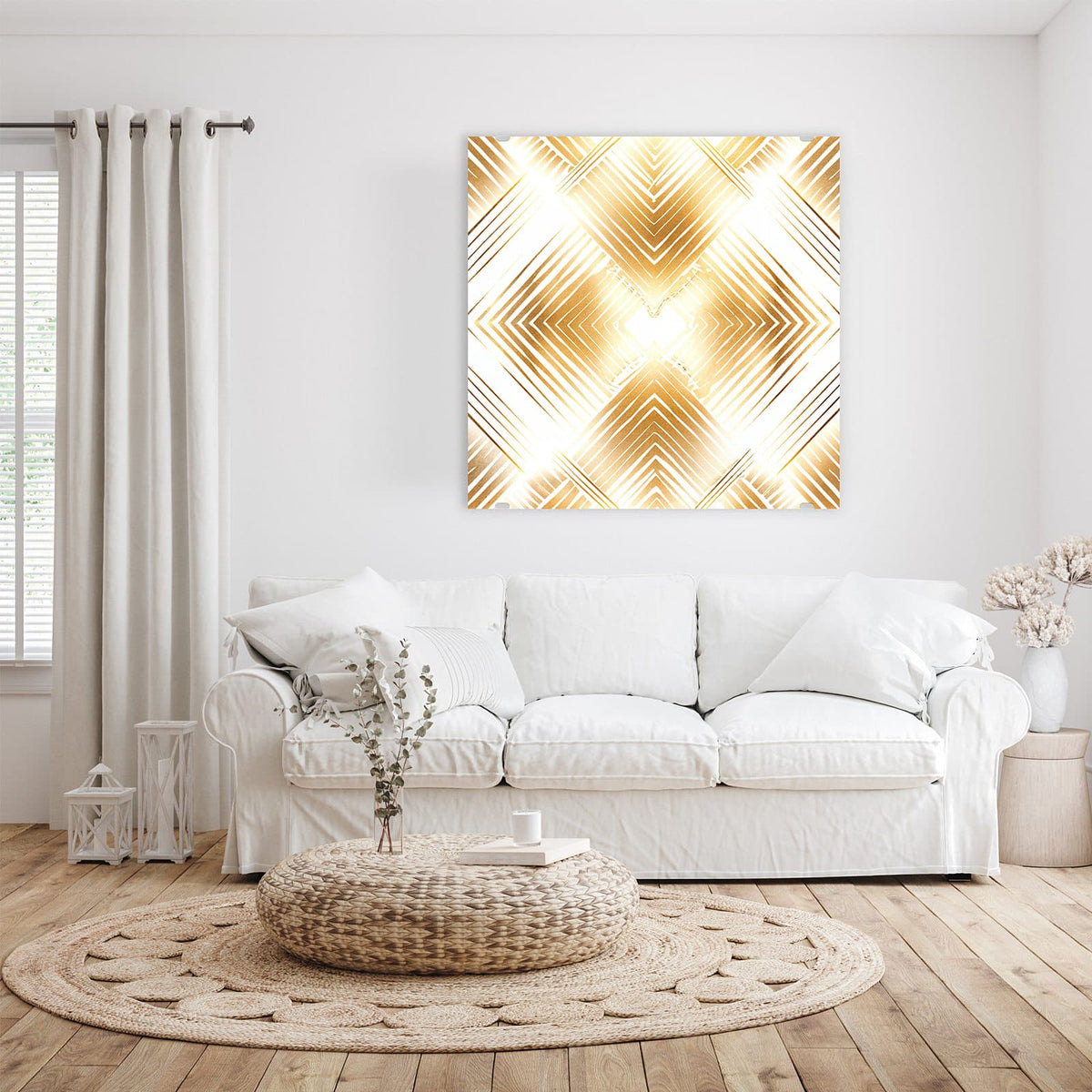 Gitter aus goldenen Rauten, jede aus verschachtelten Winkellinien, Art-déco-Anmutung auf Weiß