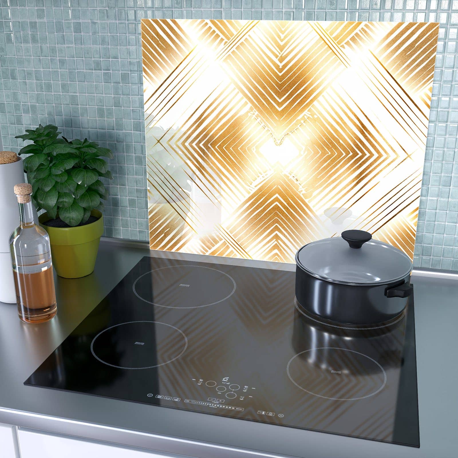 1-teilige Herdabdeckplatte Induktion mit Goldenes Dreiecksmuster-Motiv als Spritzschutz hinter dem Kochfeld