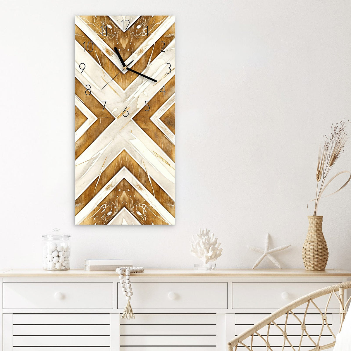 Wanduhr Geometrisches & Muster aus Glas – Rautenmuster in Holz und Creme