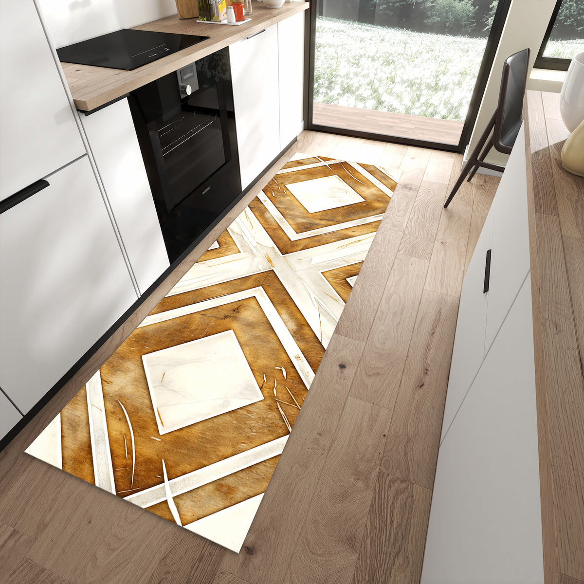 Abriebfester rutschfester Küchenläufer mit Motiv Geometrisches Muster in moderner Küche