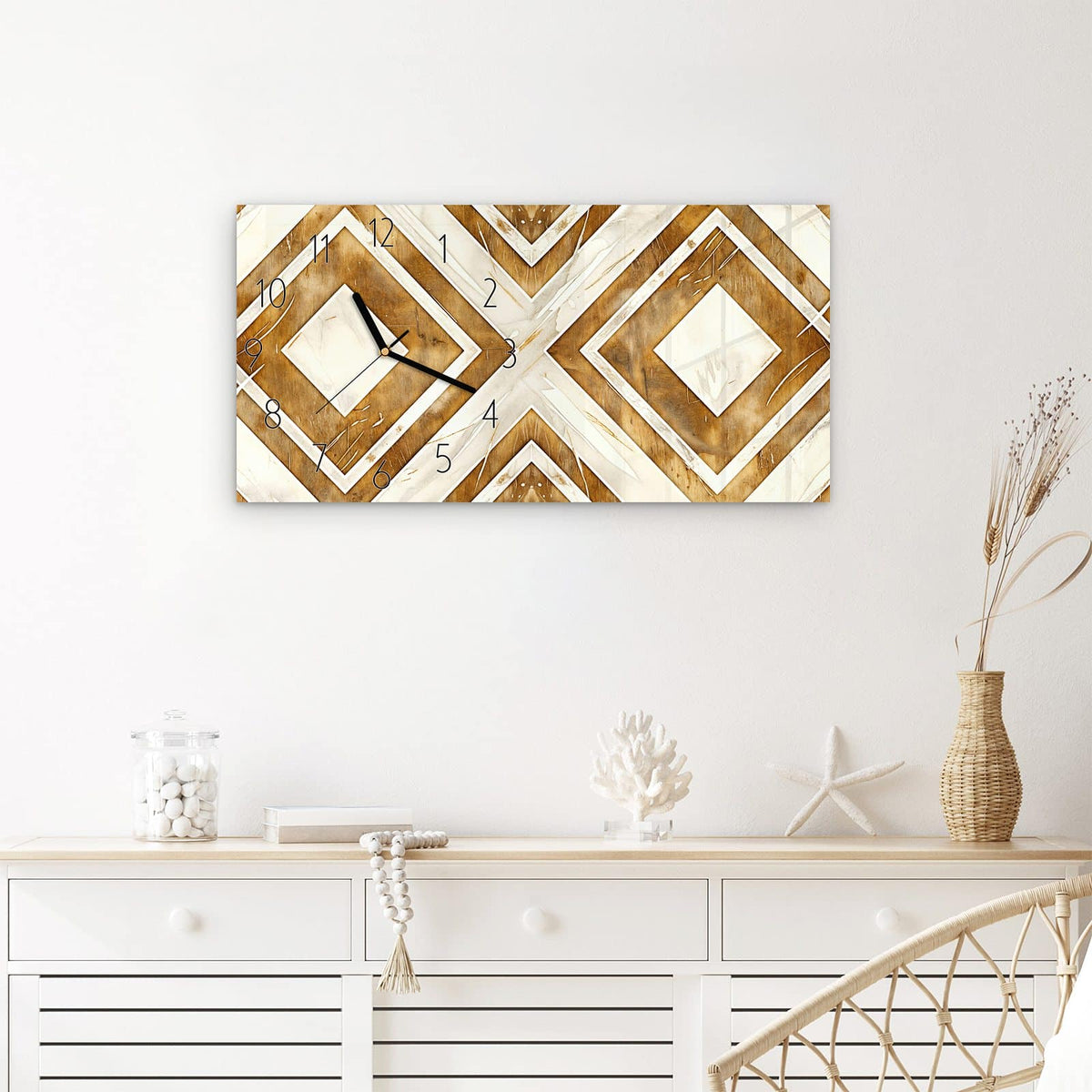 Wanduhr Geometrisches & Muster aus Glas – Querformat 60 × 30 cm – Rautenmuster in Holz und Creme