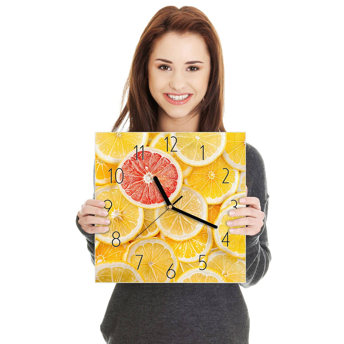 Moderne Wanduhr aus Glas mit Farbtiefe – Wanduhr Zitrusfrüchte aus Glas – Quadratisch 30 × 30 cm