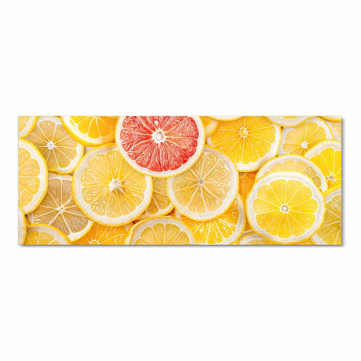 Flächenfüllend gelbe und orange Zitrusscheiben, in der oberen Bildmitte eine einzelne rote Grapefruitscheibe