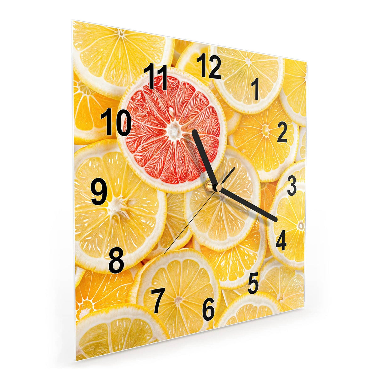 Vormontiert – mit Schwebeeffekt – Wanduhr Zitrusfrüchte aus Glas – Quadratisch 30 × 30 cm