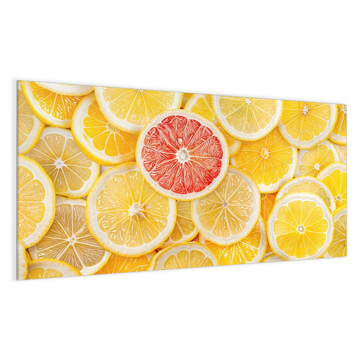 Flächenfüllend gelbe und orange Zitrusscheiben, in der oberen Bildmitte eine einzelne rote Grapefruitscheibe