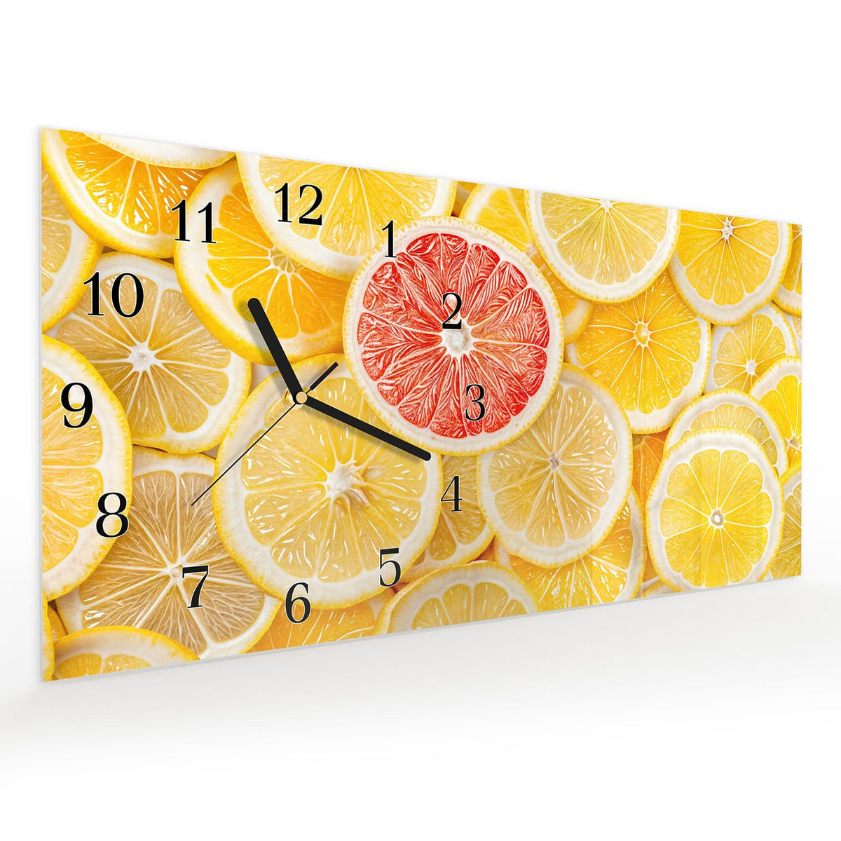 Vormontiert – mit Schwebeeffekt – Wanduhr Zitrusfrüchte aus Glas – Querformat 60 × 30 cm