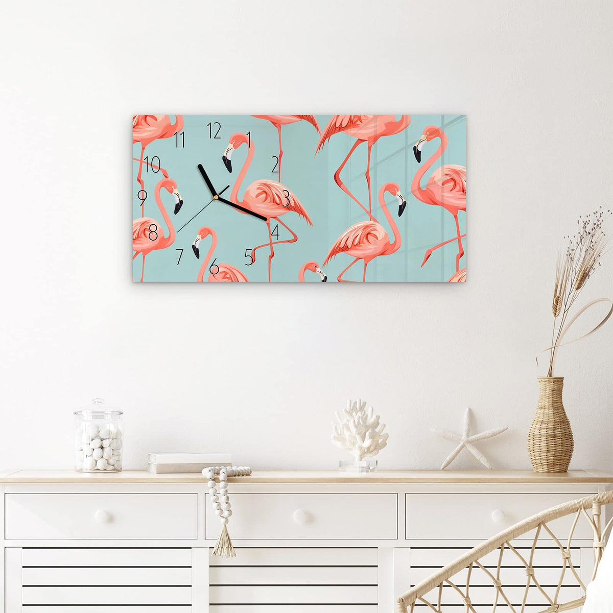 Wanduhr Flamingo Design aus Glas – Querformat 60 × 30 cm – Rosa Flamingos auf hellem Türkis