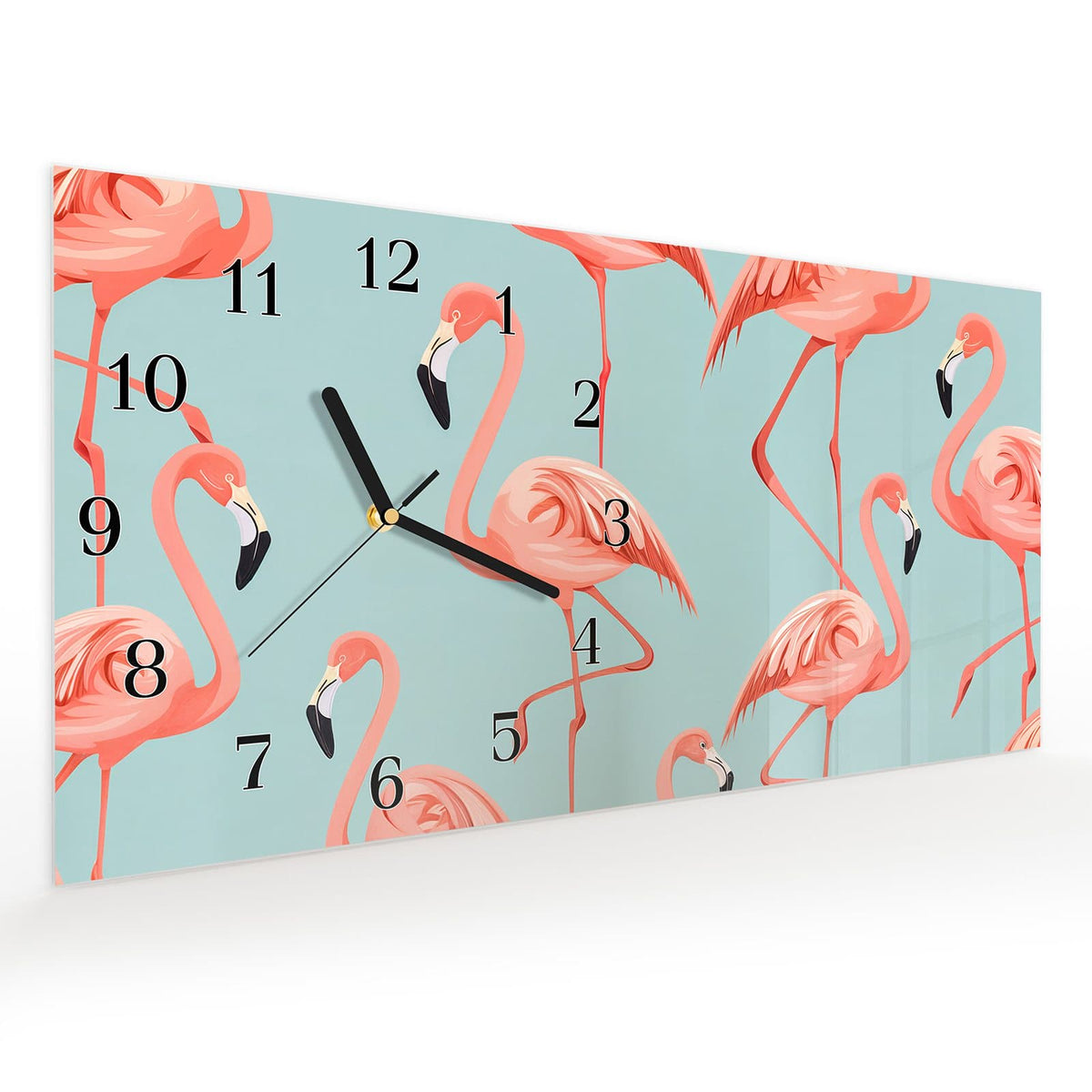 Vormontiert – mit Schwebeeffekt – Wanduhr Flamingo Design aus Glas – Querformat 60 × 30 cm