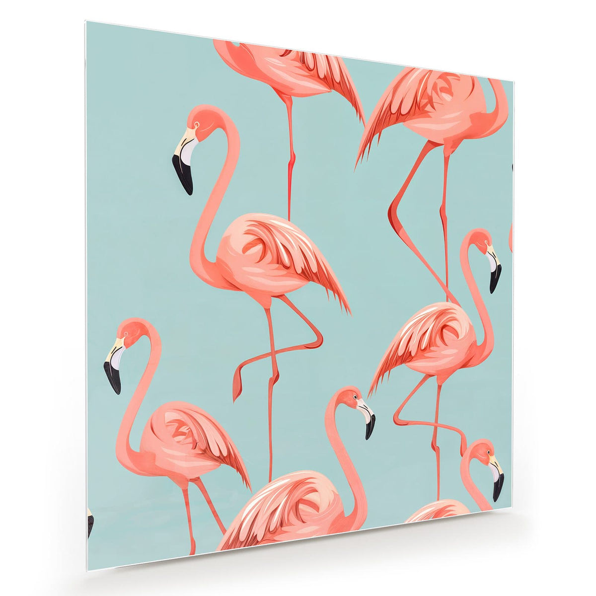 Gemustertes Motiv mit mehreren rosa Flamingos auf mintblauem Grund