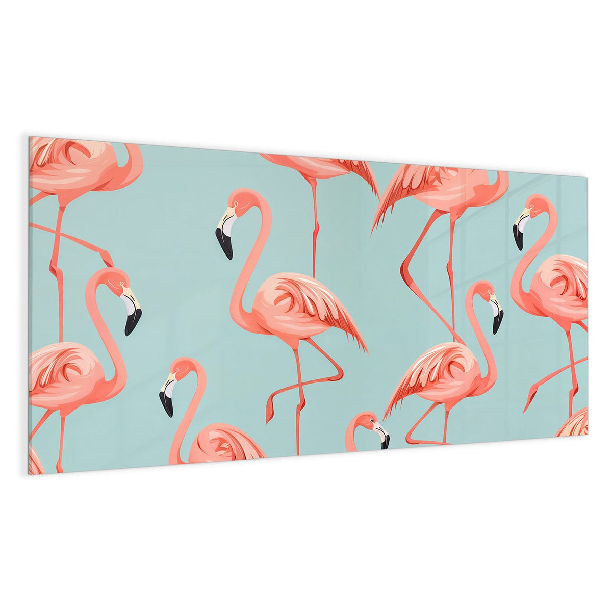 Gemustertes Motiv mit mehreren rosa Flamingos auf mintblauem Grund
