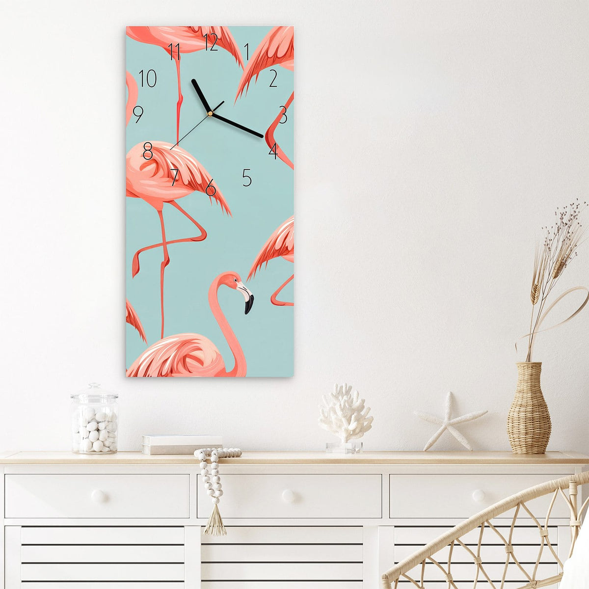 Wanduhr Flamingo Design aus Glas – Rosa Flamingos auf hellem Türkis