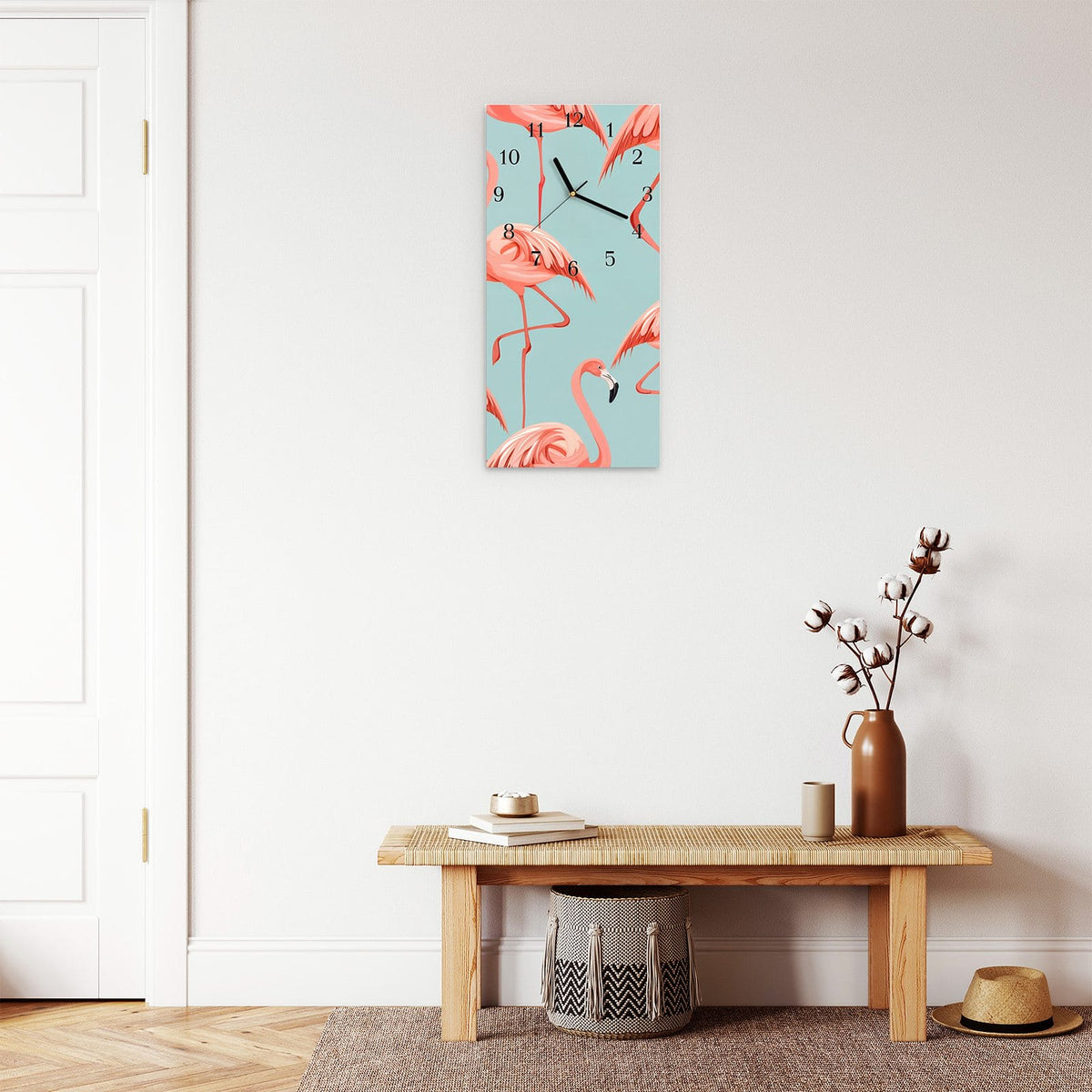Moderne Wanduhr aus Glas mit Farbtiefe – Wanduhr Flamingo Design aus Glas – Hochformat 30 × 60 cm
