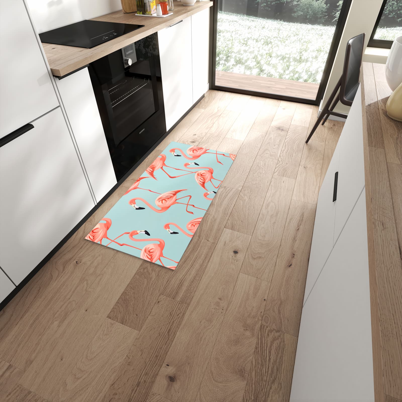 Bodenschonender rutschfester Küchenläufer mit Motiv Flamingo Design in moderner Küche #grösse_60 x 120 cm