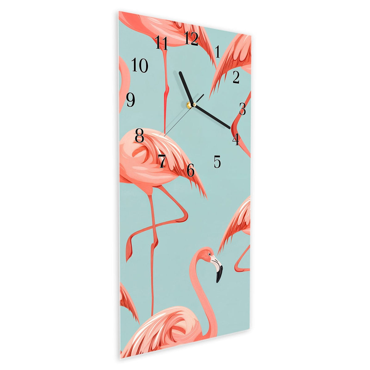 Vormontiert – mit Schwebeeffekt – Wanduhr Flamingo Design aus Glas – Hochformat 30 × 60 cm