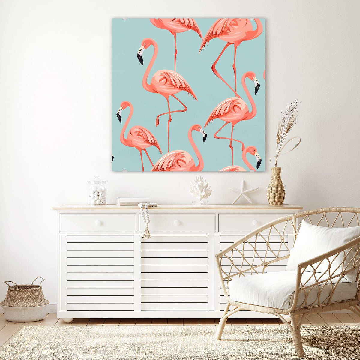 Glasbild Flamingos auf Türkis an der Wand – Gemustertes Motiv mit mehreren rosa Flamingos auf mintblauem Grund