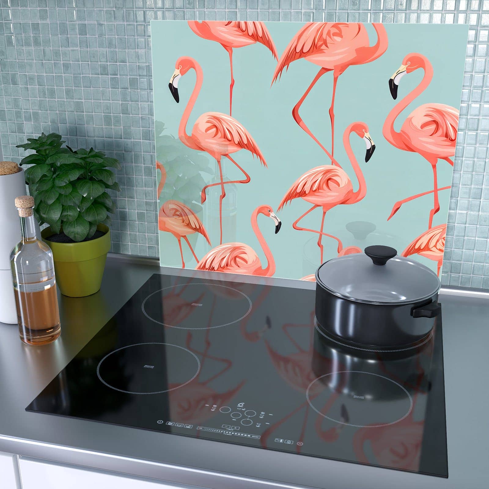 1-teilige Herdabdeckplatte mit Flamingo Design-Motiv als Spritzschutz hinter dem Kochfeld
