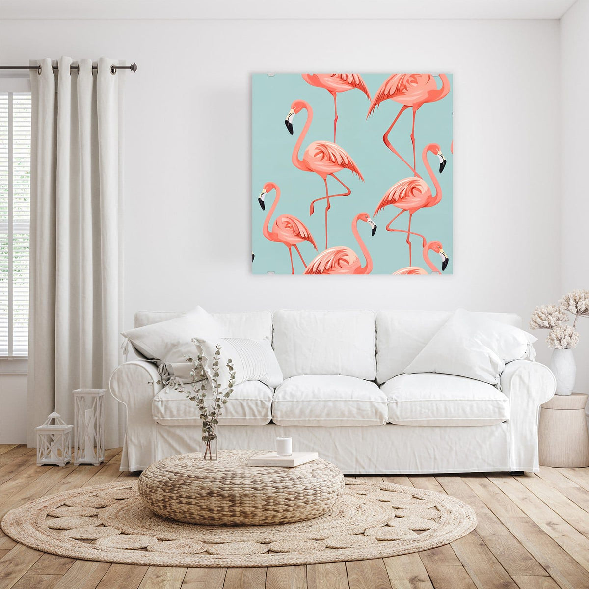 Glasbild Flamingos auf Türkis an der Wand – Gemustertes Motiv mit mehreren rosa Flamingos auf mintblauem Grund