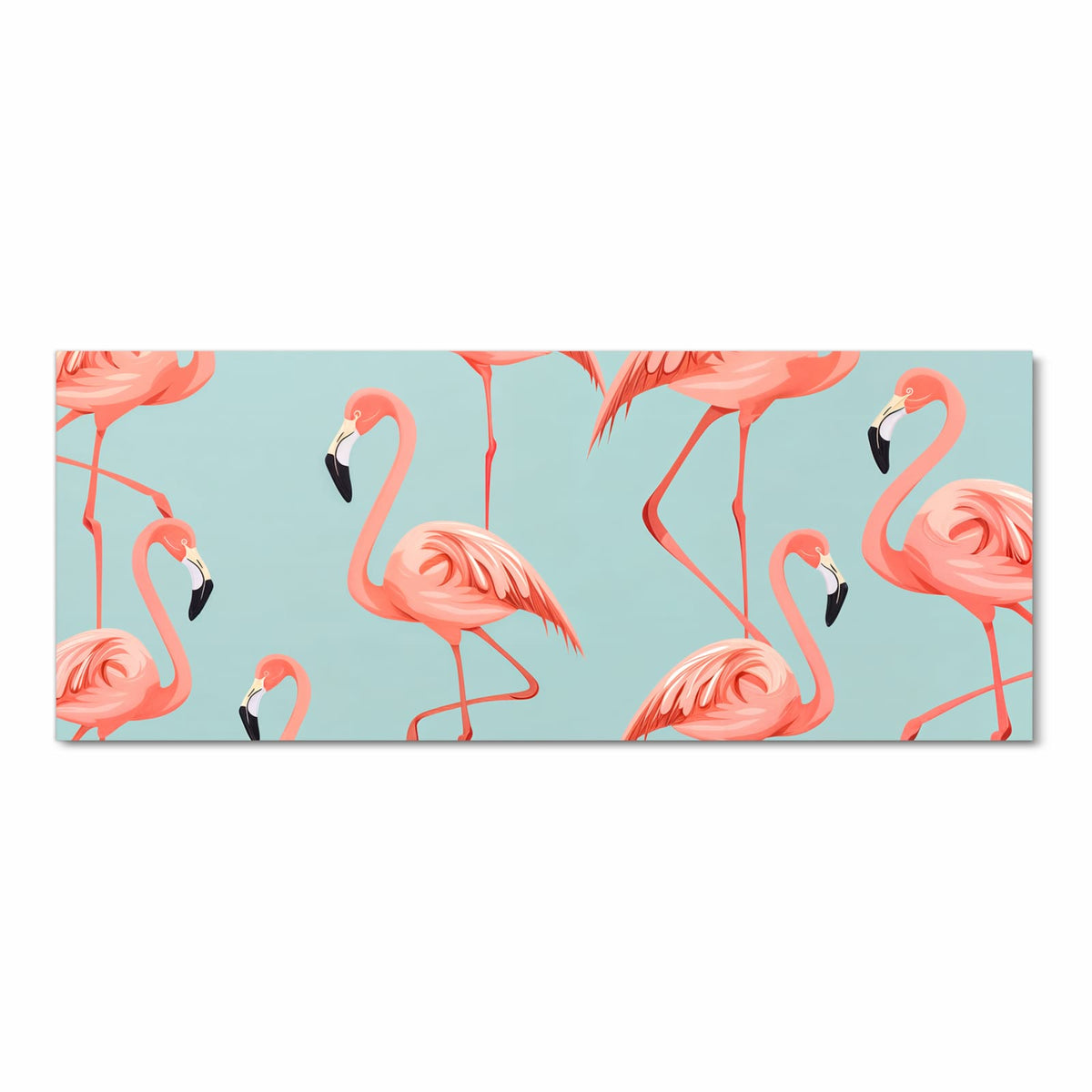 Gemustertes Motiv mit mehreren rosa Flamingos auf mintblauem Grund