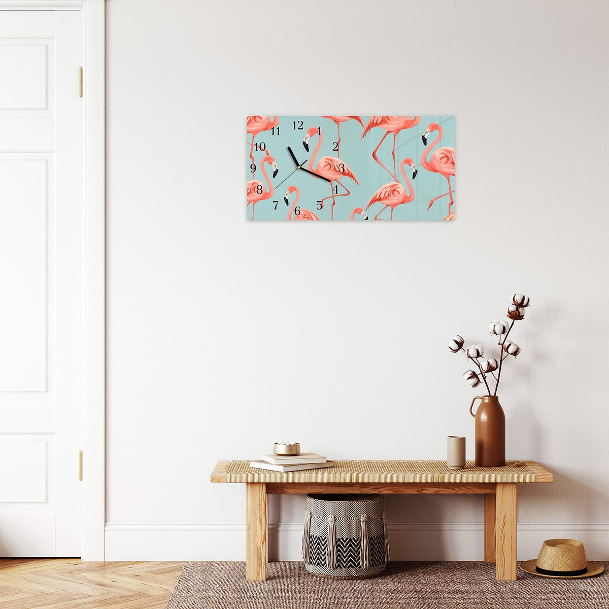 Moderne Wanduhr aus Glas mit Farbtiefe – Wanduhr Flamingo Design aus Glas – Querformat 60 × 30 cm