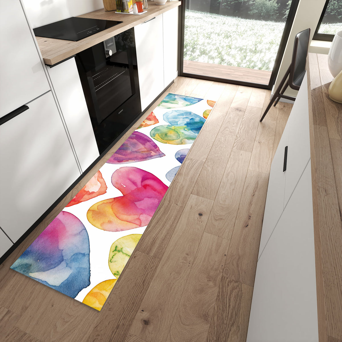 Rutschfester Küchenläufer mit Motiv Aquarellherzen in moderner Küche