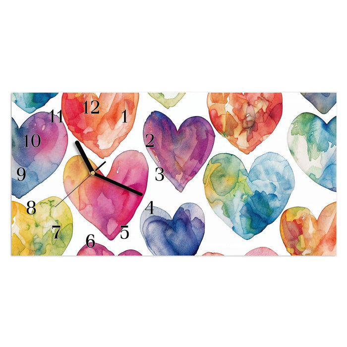 Wanduhr Aquarellherzen aus Glas – Querformat 60 × 30 cm mit Ziffernblatt Klassisch