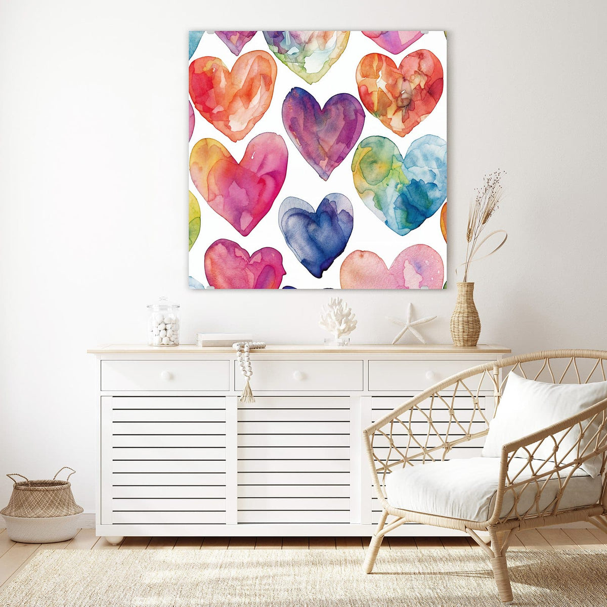 Glasbild Aquarellherzen an der Wand – Große Herzen in Aquarellfarben von Rot bis Blau auf weißem Grund