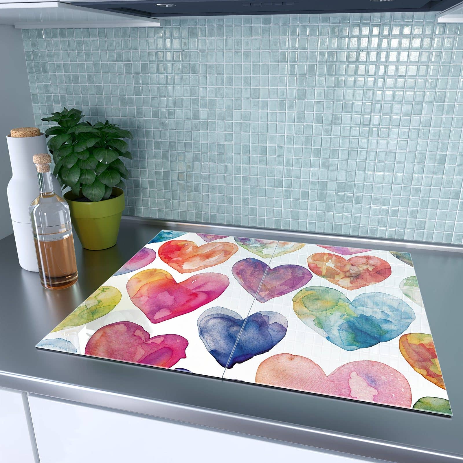 2-teilige Glasplatte für Herd mit Aquarellherzen-Motiv auf dem Ceranfeld