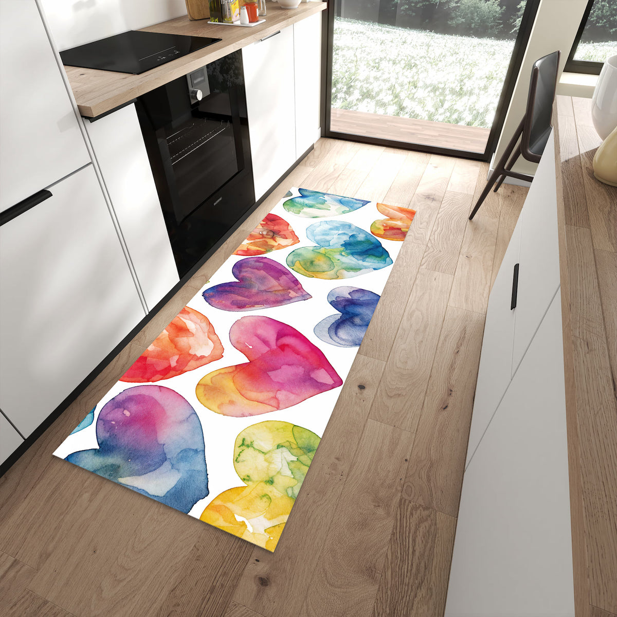 Strapazierfähiger Küchenläufer mit Motiv Aquarellherzen in moderner Küche