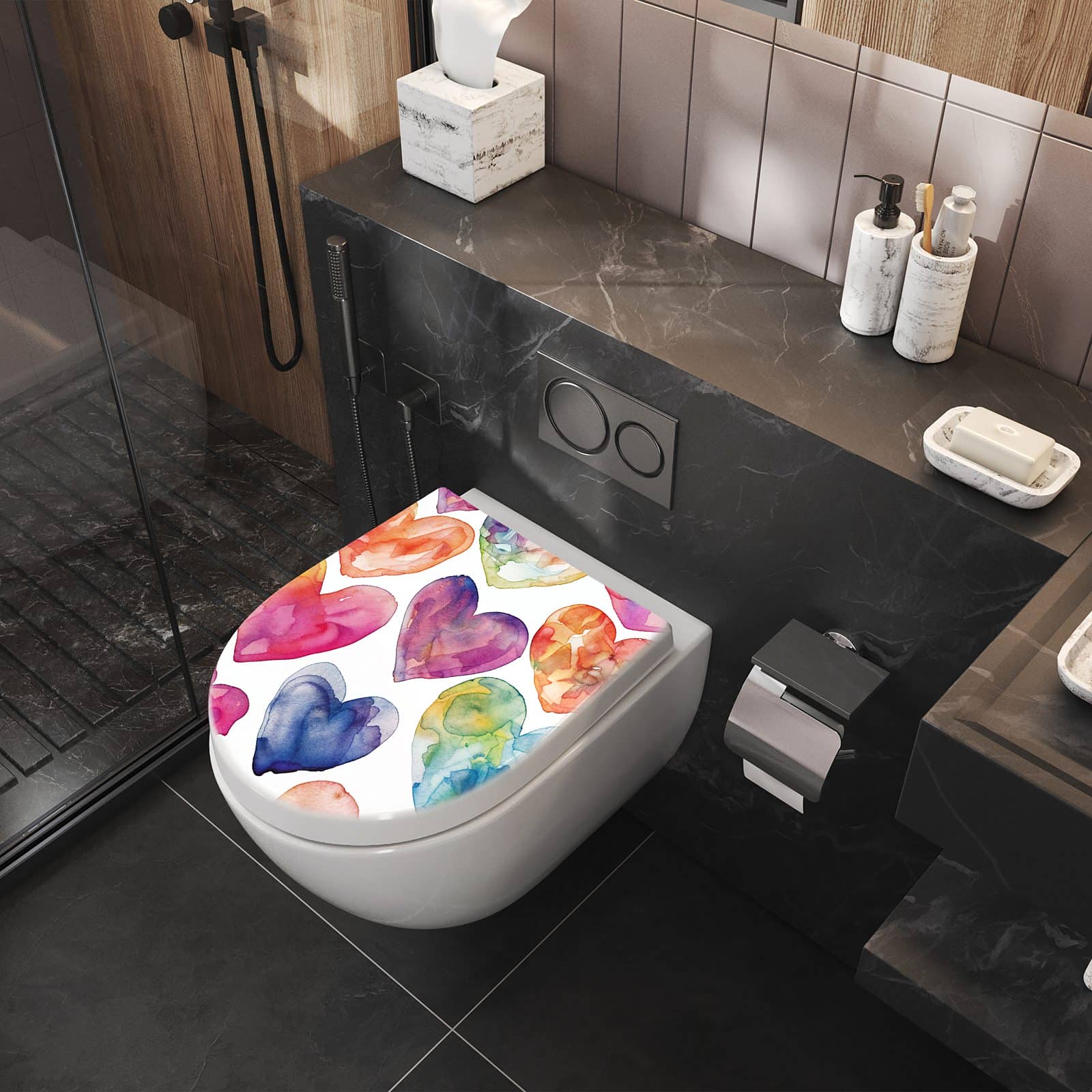 WC-Sitz mit Absenkautomatik Aquarellherzen